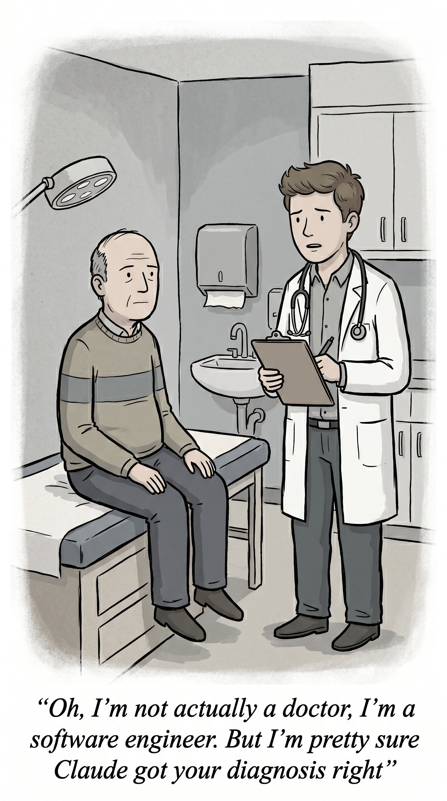 A software engineer giving a patient a diagnosis